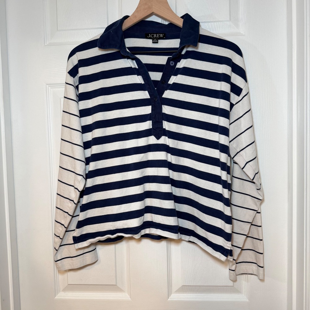 J.Crew Womens Navy Blue White Striped Cotton Rugby Polo Shirt Size M Long Sleeve
